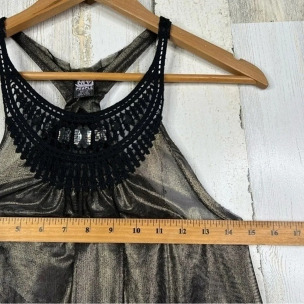 Free People Embellished Sheer‎ Metallic Racerback Tank Top Black Gold Rhinestone